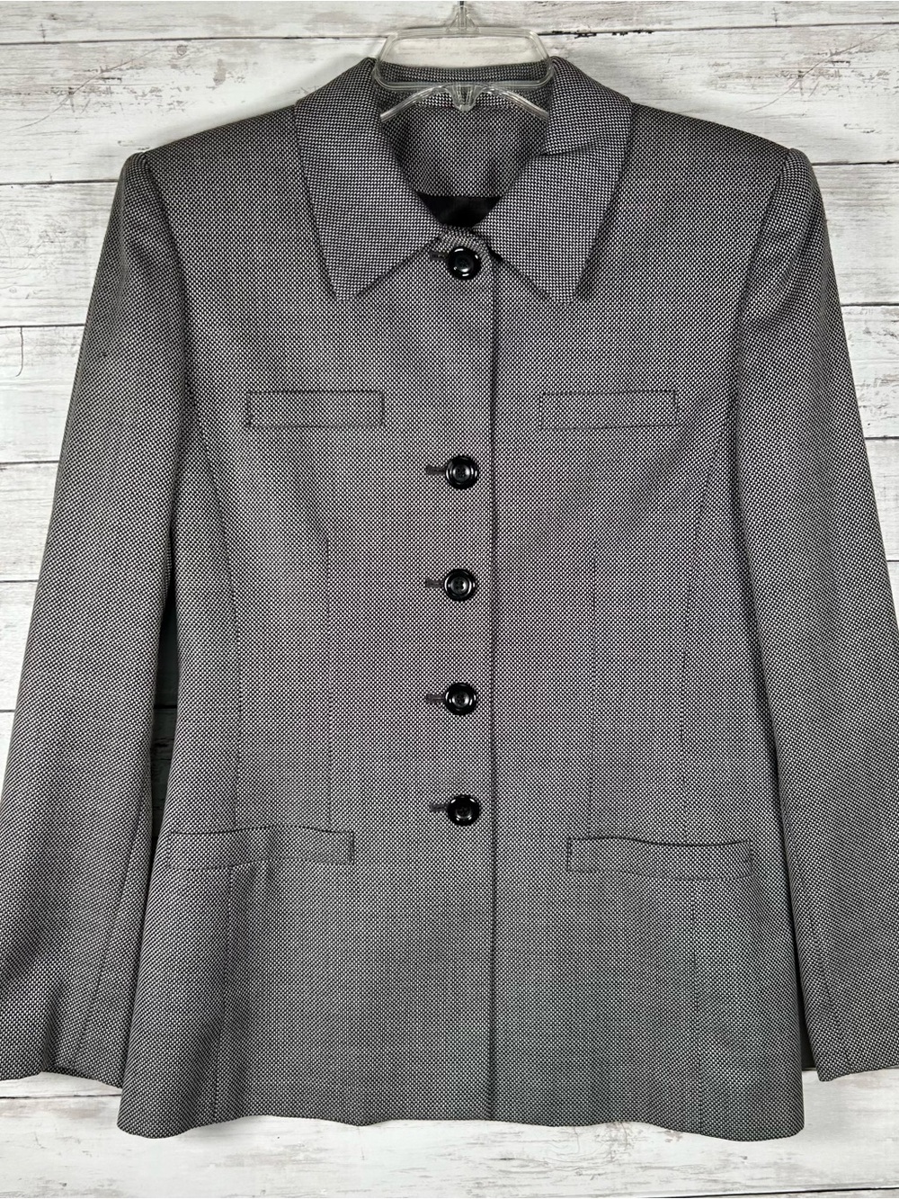 Vintage Kasper Micro Weave Black Ivory Tailored Wool Blend Jacket 4 - Picture 2 of 7